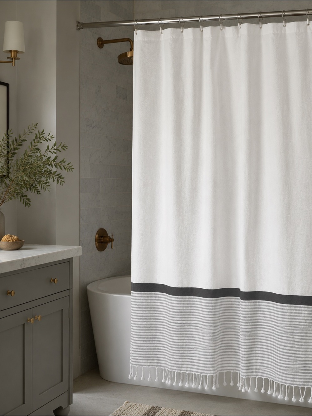 WEST ELM Shower Cotton Curtain with Stripes/Fringes #0501264 - Picture 5 of 16